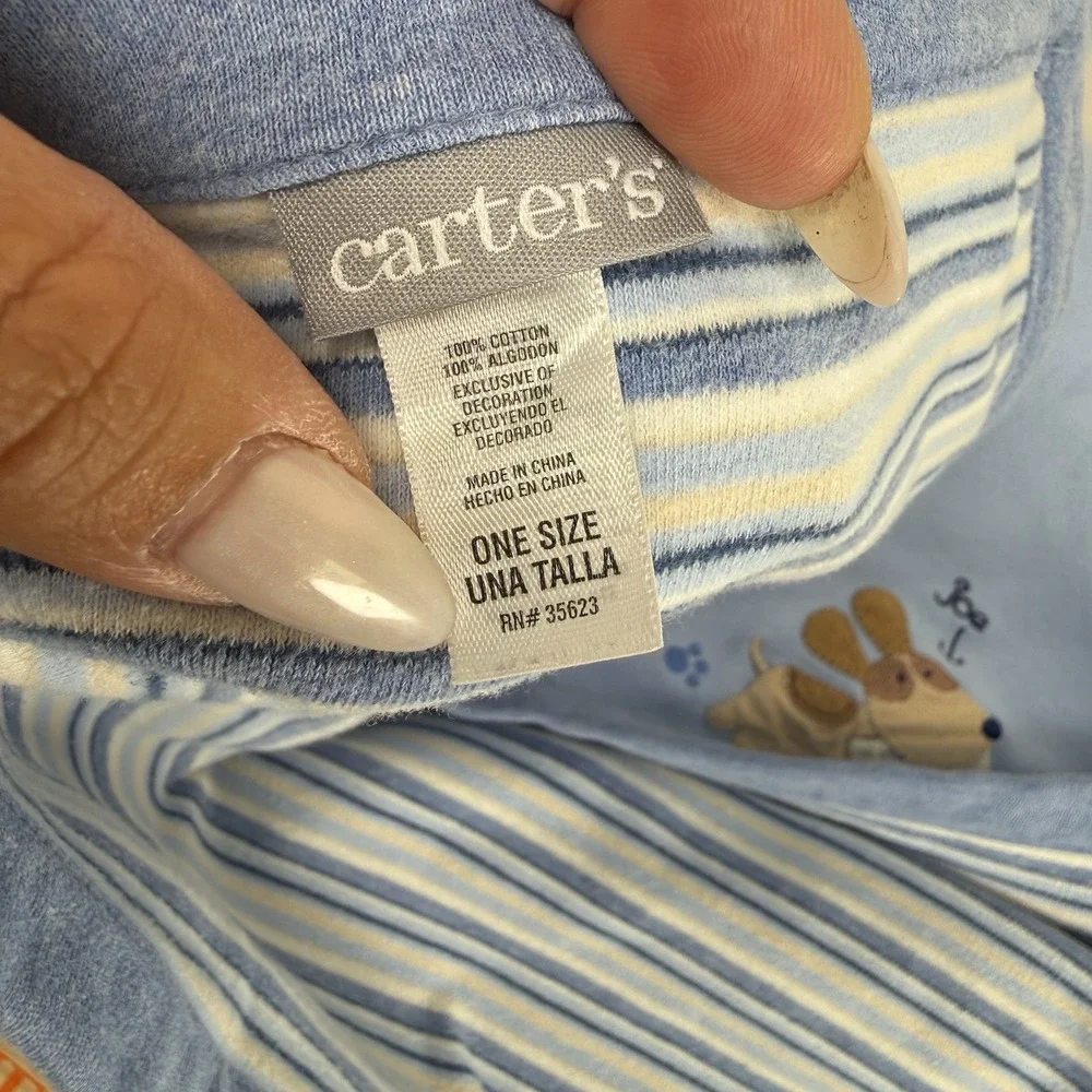 Carter's Baby Blanket Puppy Dogs Woof Blue Stripe Cotton Lovey Security 28x28